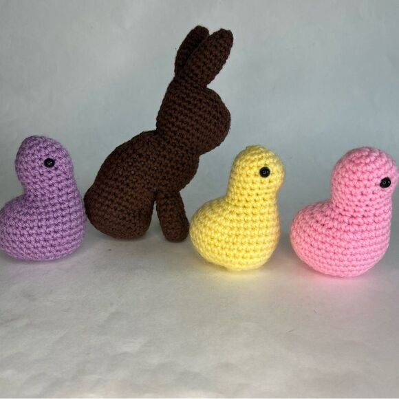 Crochet Chocolate Bunny & 3 Chicks Purple Pink Yellow Easter - Picture 3 of 4